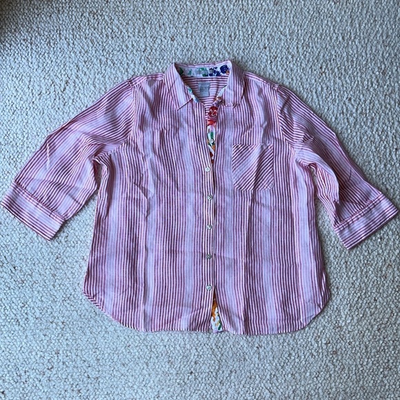Chico's Linen Ombre Stripe Floral Accent No Iron Shirt FreshChic Blouse 2 12/14 - Picture 3 of 10